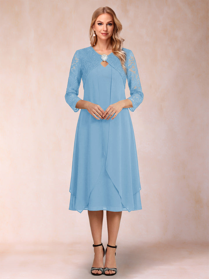 Sheath/Column 3/4 Sleeves Asymmetrical Mother of the Bride Dresses with Lace &amp; Rhinestone