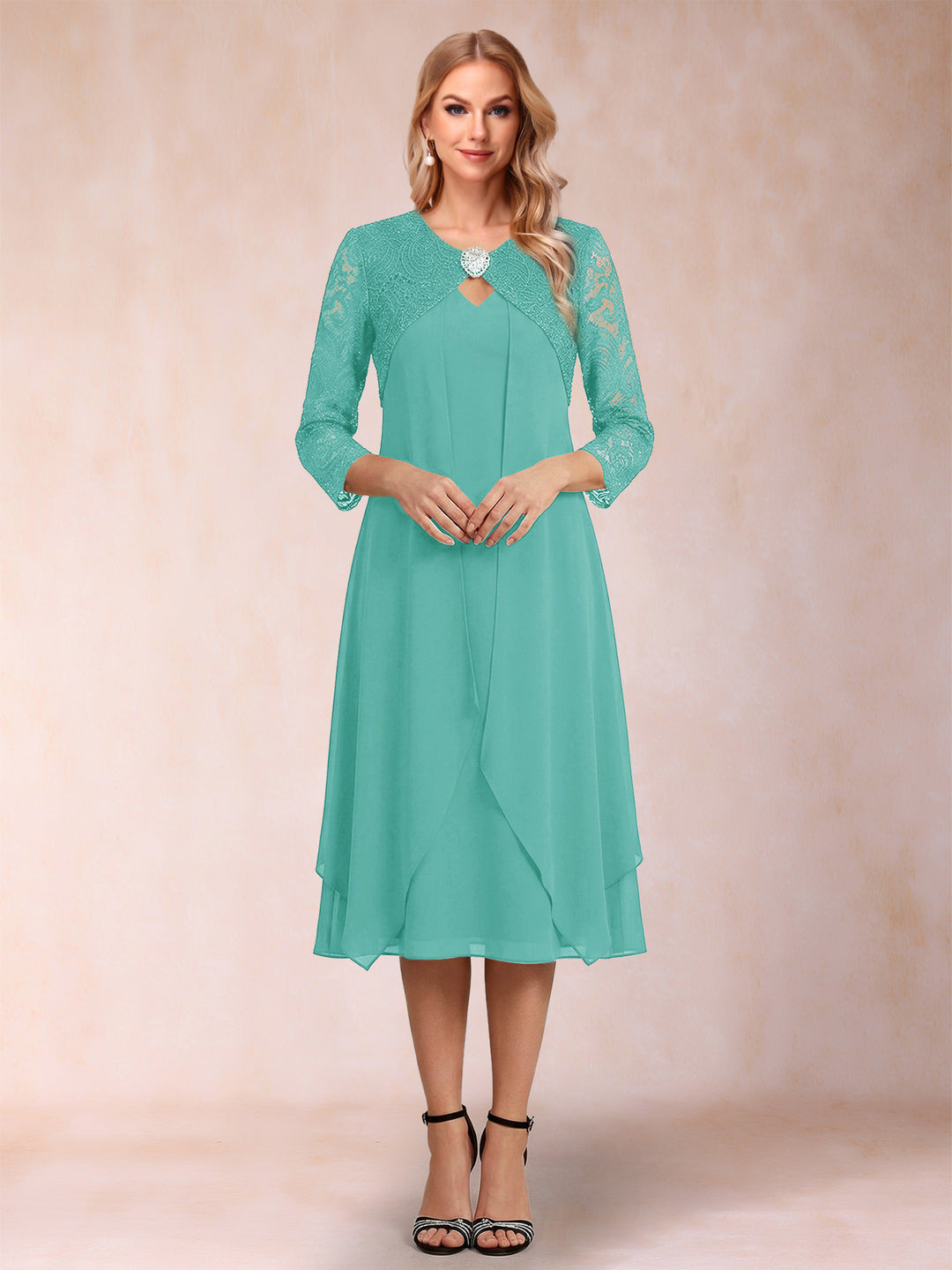 Sheath/Column 3/4 Sleeves Asymmetrical Mother of the Bride Dresses with Lace &amp; Rhinestone