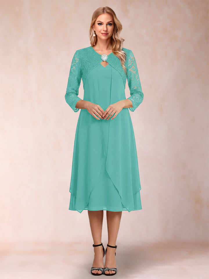 Sheath/Column 3/4 Sleeves Asymmetrical Mother of the Bride Dresses with Lace &amp; Rhinestone