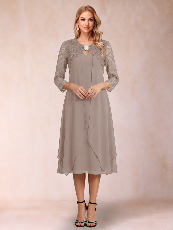 Sheath/Column 3/4 Sleeves Asymmetrical Mother of the Bride Dresses with Lace &amp; Rhinestone