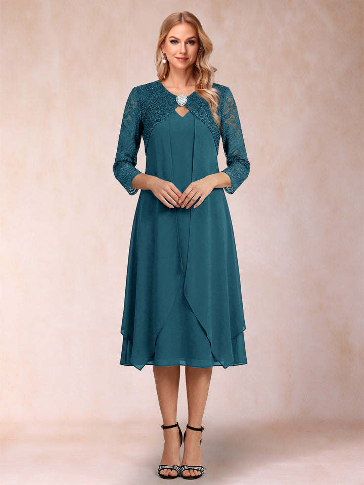 Sheath/Column 3/4 Sleeves Asymmetrical Mother of the Bride Dresses with Lace &amp; Rhinestone