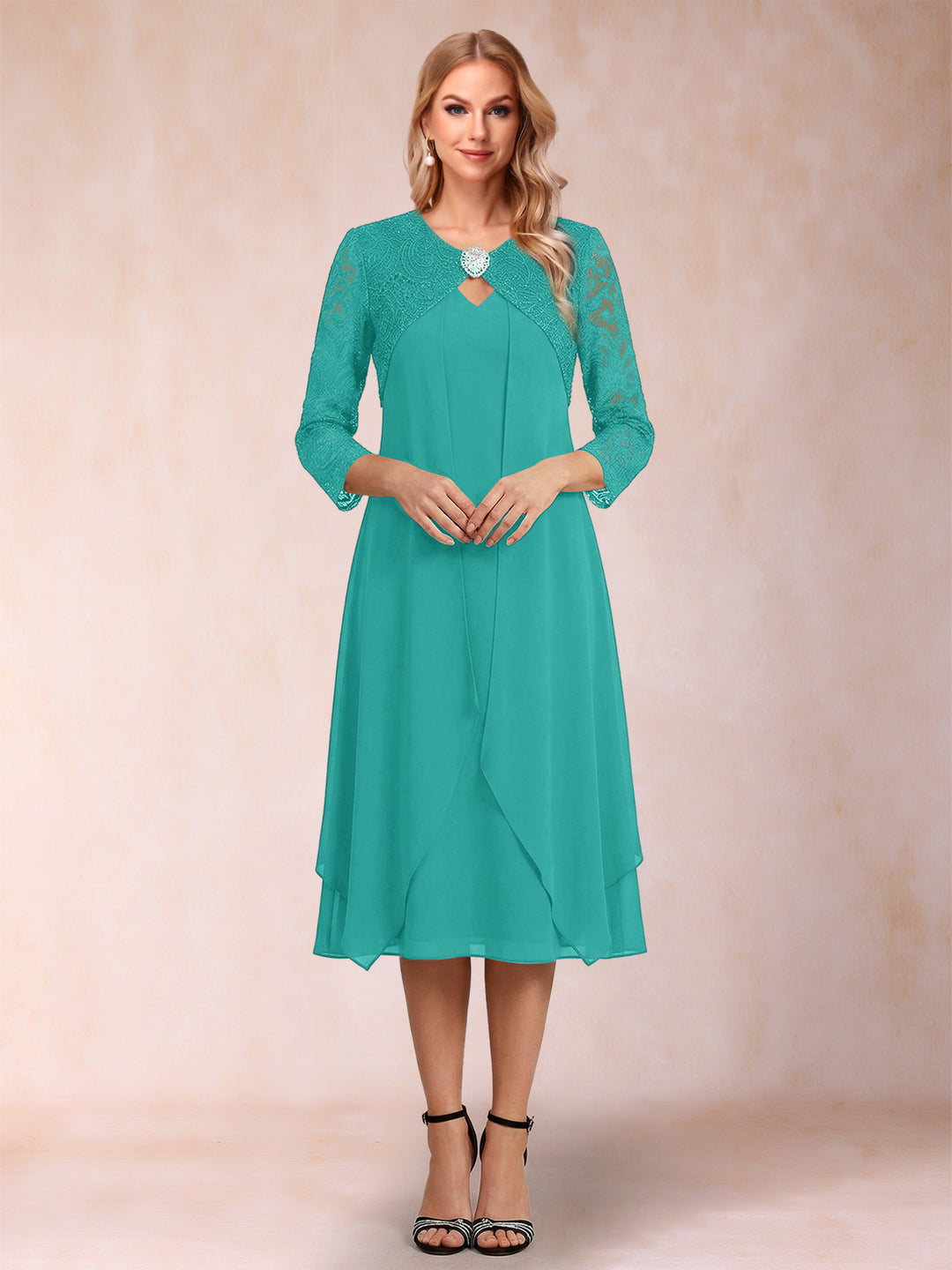 Sheath/Column 3/4 Sleeves Asymmetrical Mother of the Bride Dresses with Lace &amp; Rhinestone