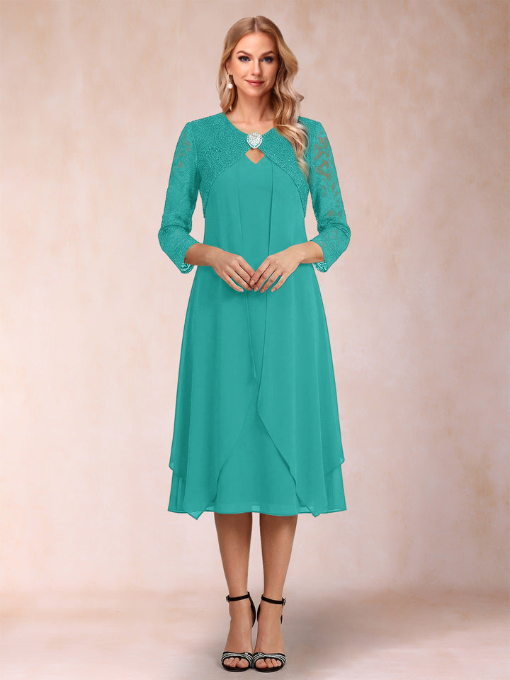 Sheath/Column 3/4 Sleeves Asymmetrical Mother of the Bride Dresses with Lace &amp; Rhinestone