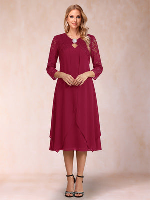 Sheath/Column 3/4 Sleeves Asymmetrical Mother of the Bride Dresses with Lace & Rhinestone