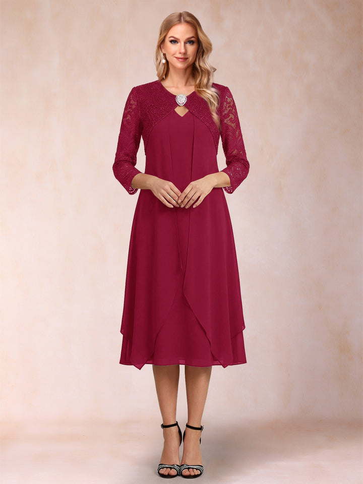 Sheath/Column 3/4 Sleeves Asymmetrical Mother of the Bride Dresses with Lace &amp; Rhinestone