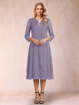 Sheath/Column 3/4 Sleeves Asymmetrical Mother of the Bride Dresses with Lace & Rhinestone