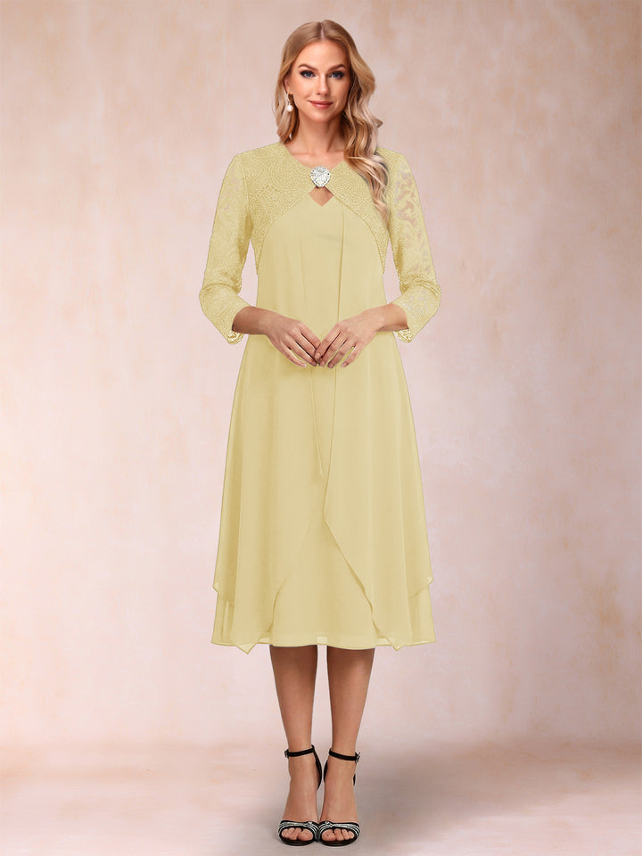 Sheath/Column 3/4 Sleeves Asymmetrical Mother of the Bride Dresses with Lace &amp; Rhinestone