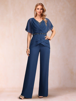 Chiffon V-Neck Short Sleeves 2 Pieces Pantsuits with Ruffles & Ruched