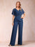 Chiffon V-Neck Short Sleeves 2 Pieces Pantsuits with Ruffles & Ruched