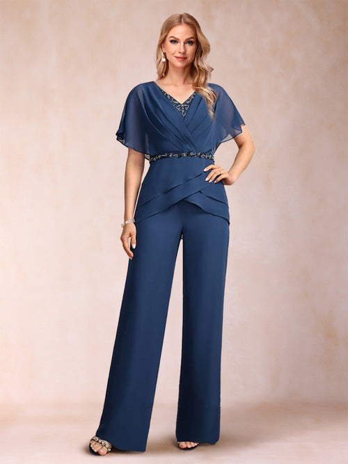 Chiffon V-Neck Short Sleeves 2 Pieces Pantsuits with Ruffles & Ruched