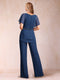 Chiffon V-Neck Short Sleeves 2 Pieces Pantsuits with Ruffles & Ruched