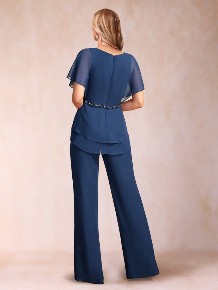 Chiffon V-Neck Short Sleeves 2 Pieces Pantsuits with Ruffles &amp; Ruched