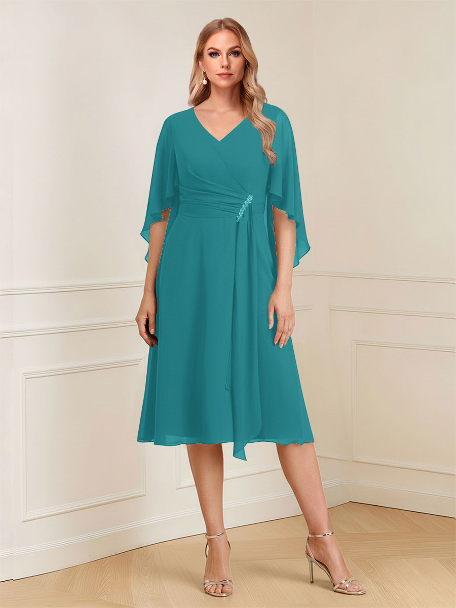 A-Line/Princess V-Neck Half Sleeves Knee-Length Mother of the Bride Dresses with Ruffles &amp; Ruched