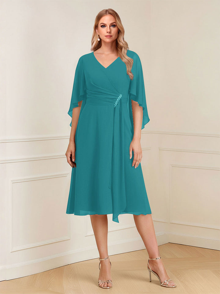 A-Line/Princess V-Neck Half Sleeves Knee-Length Mother of the Bride Dresses with Ruffles &amp; Ruched