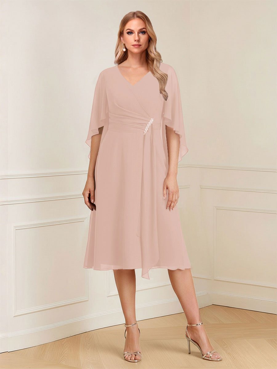 A-Line/Princess V-Neck Half Sleeves Knee-Length Mother of the Bride Dresses with Ruffles &amp; Ruched