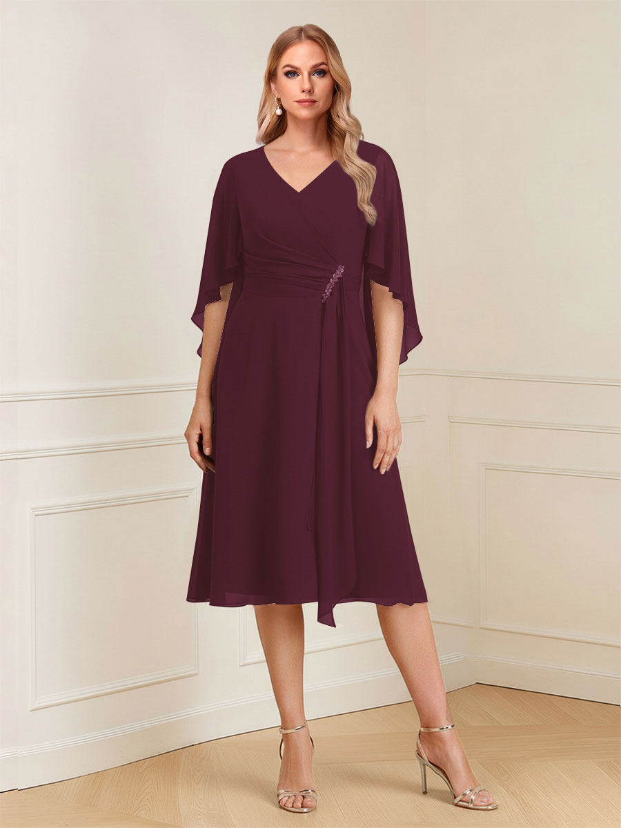 A-Line/Princess V-Neck Half Sleeves Knee-Length Mother of the Bride Dresses with Ruffles & Ruched