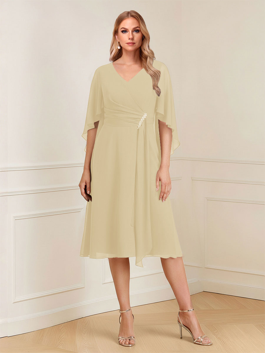 A-Line/Princess V-Neck Half Sleeves Knee-Length Mother of the Bride Dresses with Ruffles &amp; Ruched