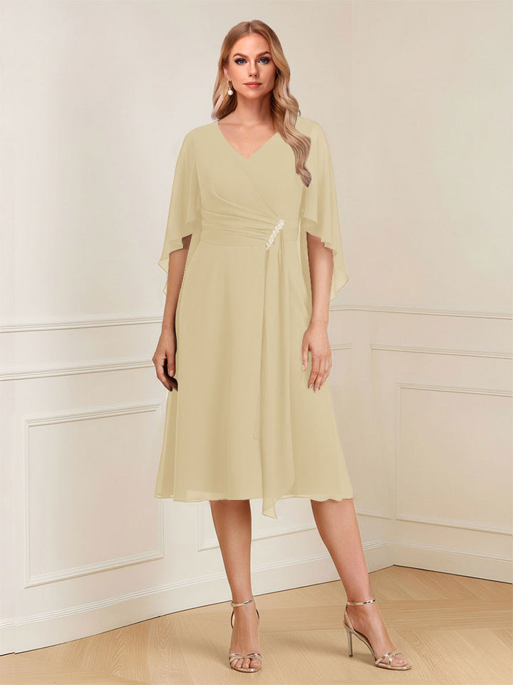 A-Line/Princess V-Neck Half Sleeves Knee-Length Mother of the Bride Dresses with Ruffles &amp; Ruched