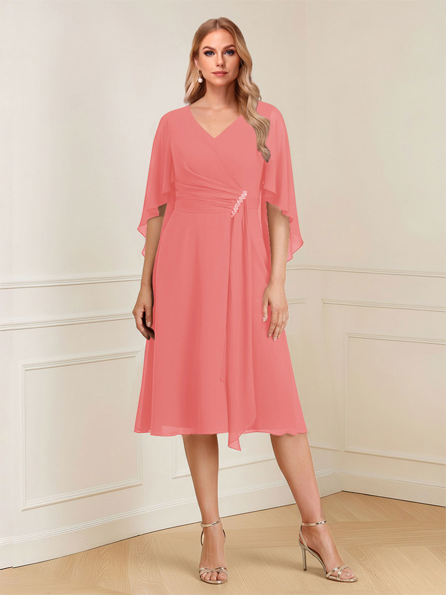 A-Line/Princess V-Neck Half Sleeves Knee-Length Mother of the Bride Dresses with Ruffles &amp; Ruched