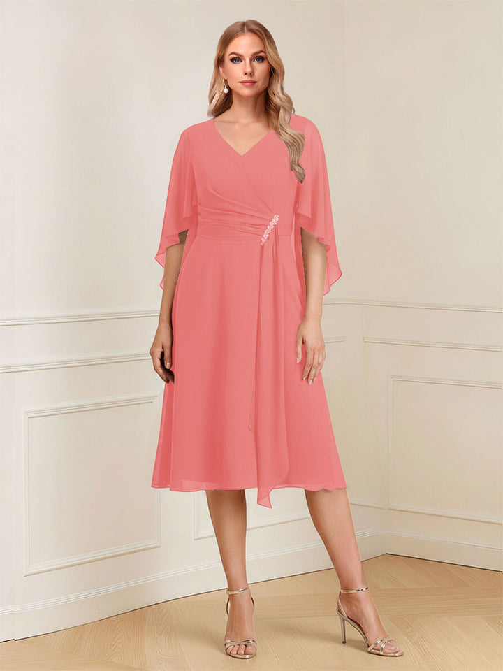 A-Line/Princess V-Neck Half Sleeves Knee-Length Mother of the Bride Dresses with Ruffles &amp; Ruched