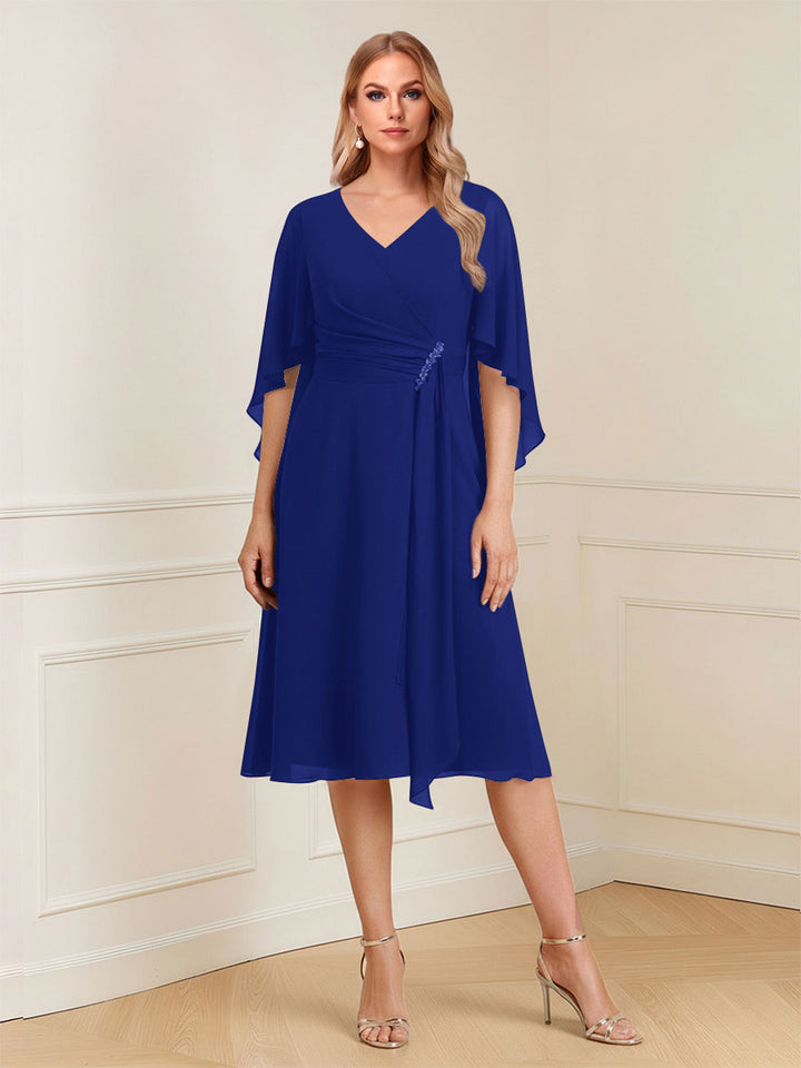 A-Line/Princess V-Neck Half Sleeves Knee-Length Mother of the Bride Dresses with Ruffles &amp; Ruched