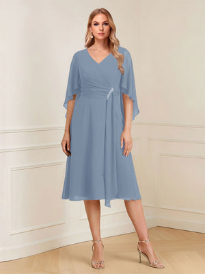 A-Line/Princess V-Neck Half Sleeves Knee-Length Mother of the Bride Dresses with Ruffles & Ruched