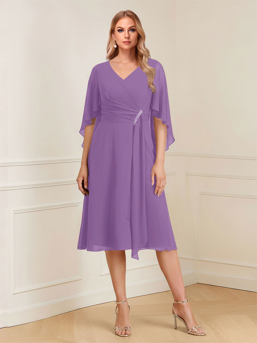 A-Line/Princess V-Neck Half Sleeves Knee-Length Mother of the Bride Dresses with Ruffles &amp; Ruched