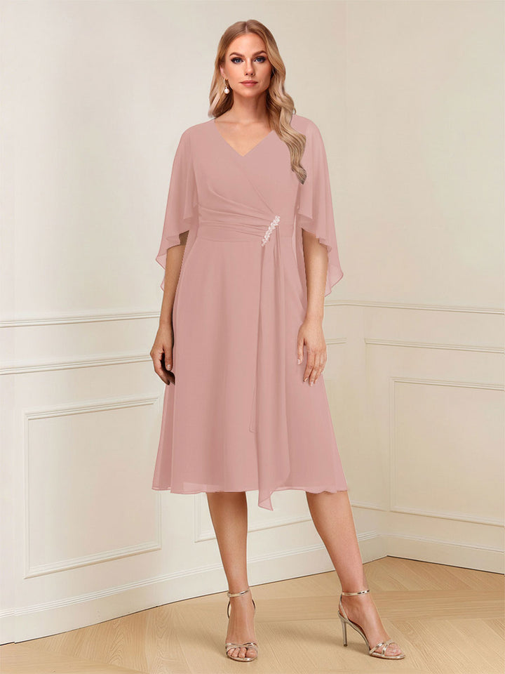 A-Line/Princess V-Neck Half Sleeves Knee-Length Mother of the Bride Dresses with Ruffles &amp; Ruched