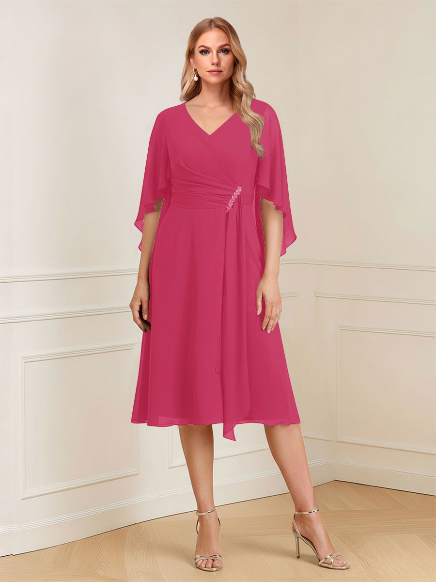 A-Line/Princess V-Neck Half Sleeves Knee-Length Mother of the Bride Dresses with Ruffles &amp; Ruched
