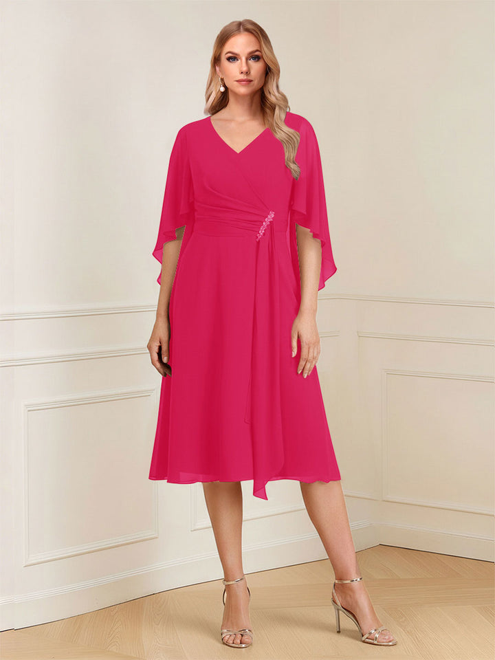 A-Line/Princess V-Neck Half Sleeves Knee-Length Mother of the Bride Dresses with Ruffles &amp; Ruched