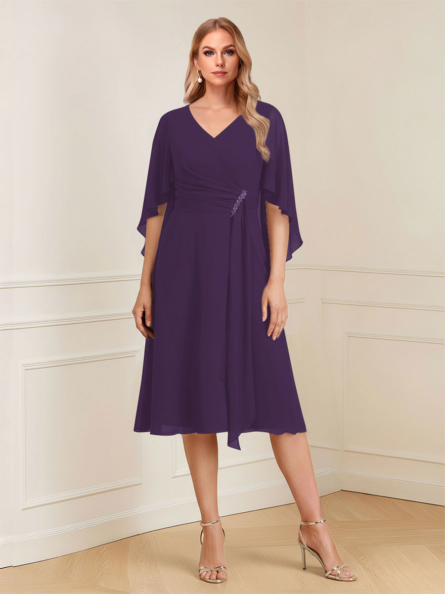 A-Line/Princess V-Neck Half Sleeves Knee-Length Mother of the Bride Dresses with Ruffles &amp; Ruched