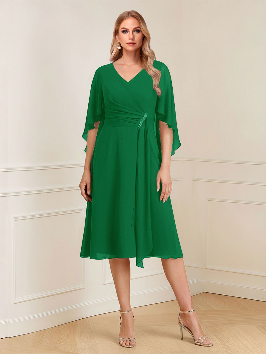 A-Line/Princess V-Neck Half Sleeves Knee-Length Mother of the Bride Dresses with Ruffles &amp; Ruched