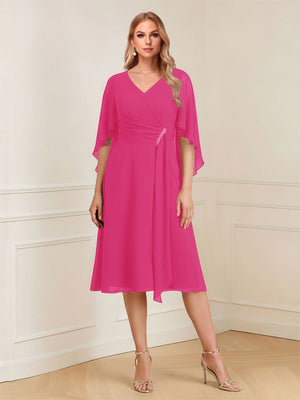 A-Line/Princess V-Neck Half Sleeves Knee-Length Mother of the Bride Dresses with Ruffles & Ruched