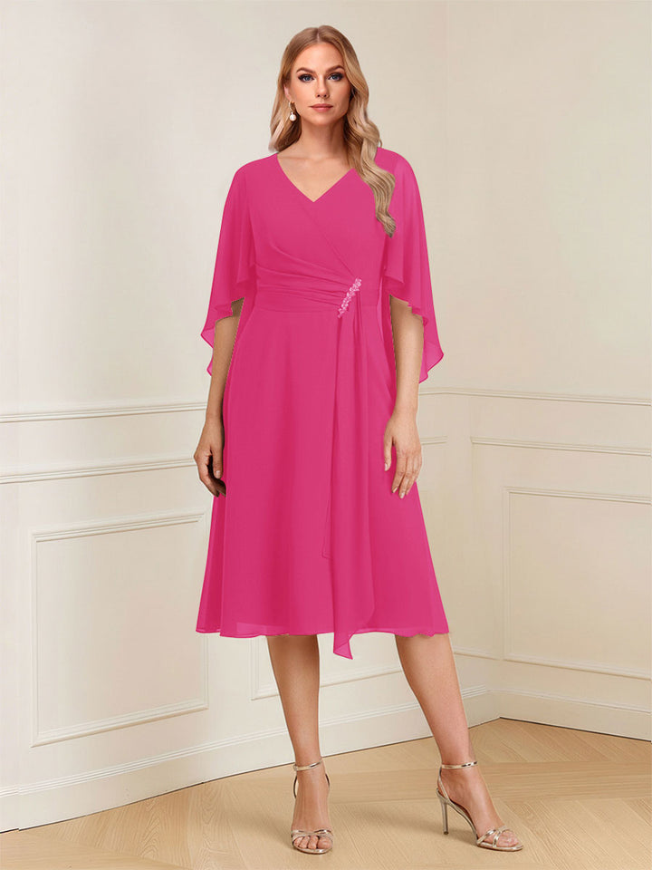 A-Line/Princess V-Neck Half Sleeves Knee-Length Mother of the Bride Dresses with Ruffles &amp; Ruched