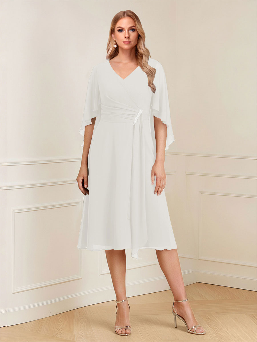 A-Line/Princess V-Neck Half Sleeves Knee-Length Mother of the Bride Dresses with Ruffles &amp; Ruched