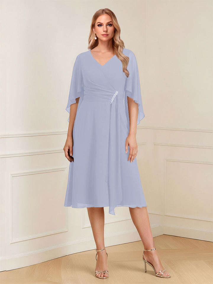 A-Line/Princess V-Neck Half Sleeves Knee-Length Mother of the Bride Dresses with Ruffles &amp; Ruched