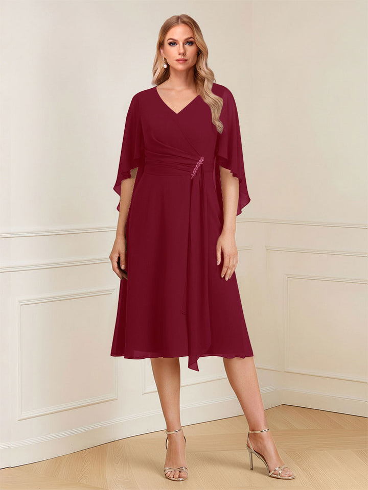 A-Line/Princess V-Neck Half Sleeves Knee-Length Mother of the Bride Dresses with Ruffles &amp; Ruched