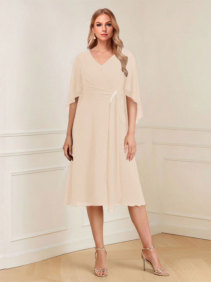 A-Line/Princess V-Neck Half Sleeves Knee-Length Mother of the Bride Dresses with Ruffles &amp; Ruched