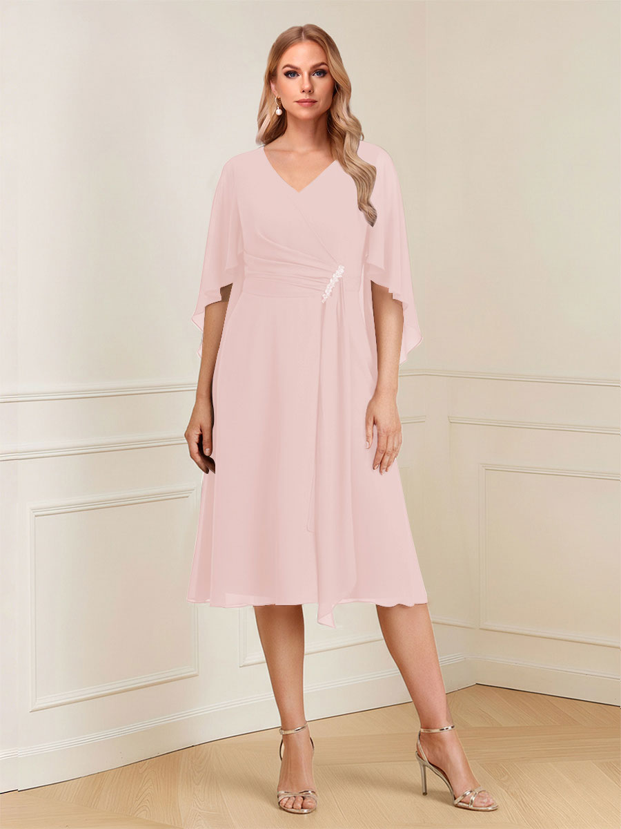 A-Line/Princess V-Neck Half Sleeves Knee-Length Mother of the Bride Dresses with Ruffles &amp; Ruched
