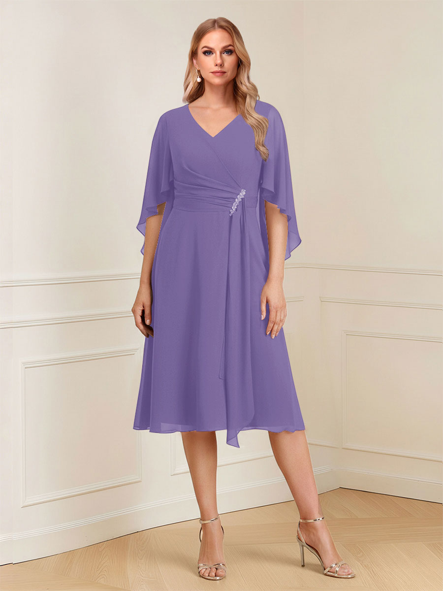 A-Line/Princess V-Neck Half Sleeves Knee-Length Mother of the Bride Dresses with Ruffles &amp; Ruched