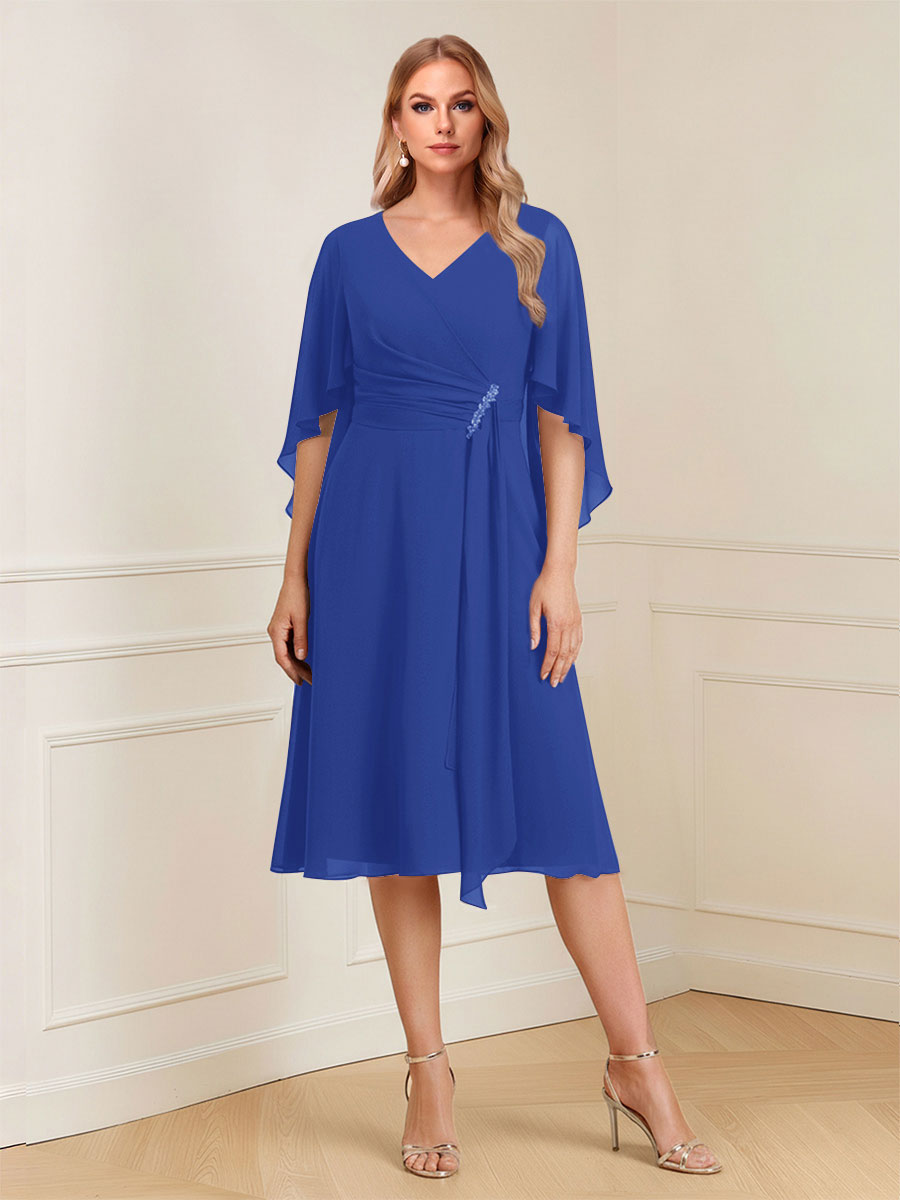 A-Line/Princess V-Neck Half Sleeves Knee-Length Mother of the Bride Dresses with Ruffles &amp; Ruched