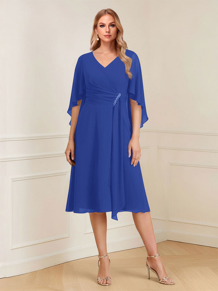 A-Line/Princess V-Neck Half Sleeves Knee-Length Mother of the Bride Dresses with Ruffles &amp; Ruched