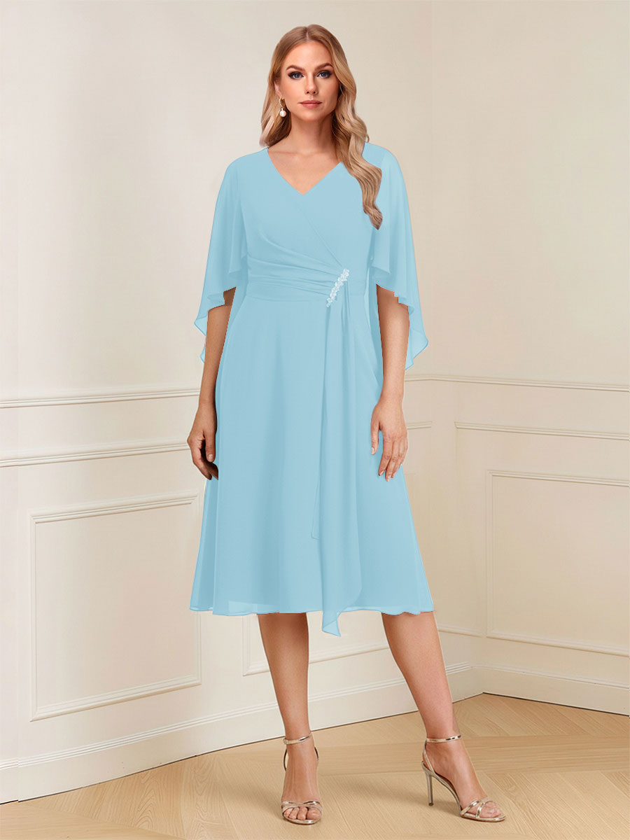 A-Line/Princess V-Neck Half Sleeves Knee-Length Mother of the Bride Dresses with Ruffles &amp; Ruched