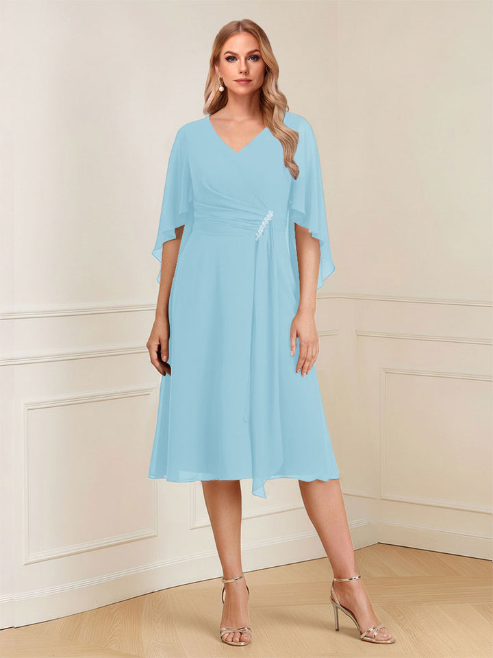 A-Line/Princess V-Neck Half Sleeves Knee-Length Mother of the Bride Dresses with Ruffles &amp; Ruched