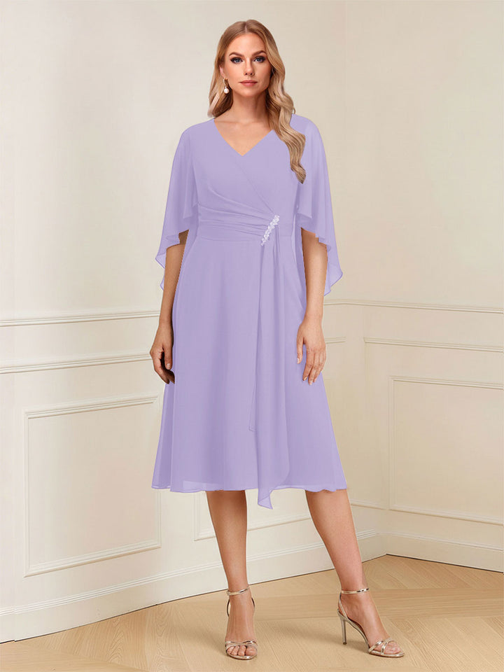 A-Line/Princess V-Neck Half Sleeves Knee-Length Mother of the Bride Dresses with Ruffles &amp; Ruched