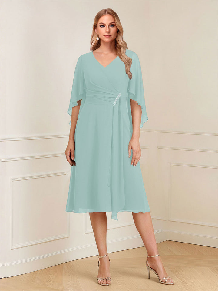 A-Line/Princess V-Neck Half Sleeves Knee-Length Mother of the Bride Dresses with Ruffles &amp; Ruched