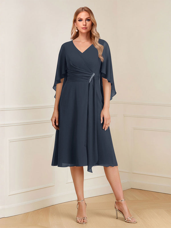A-Line/Princess V-Neck Half Sleeves Knee-Length Mother of the Bride Dresses with Ruffles & Ruched