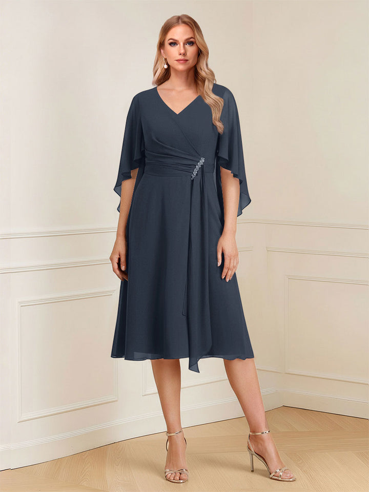 A-Line/Princess V-Neck Half Sleeves Knee-Length Mother of the Bride Dresses with Ruffles &amp; Ruched