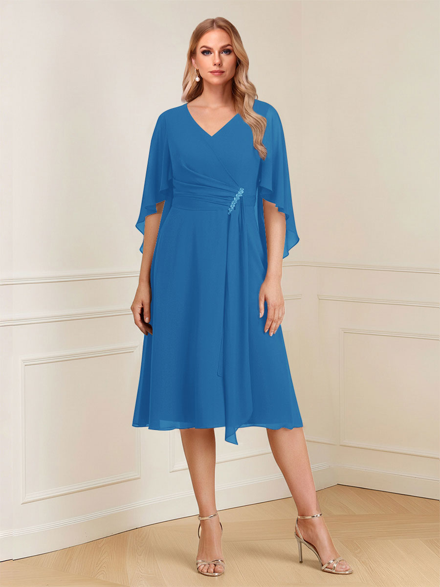 A-Line/Princess V-Neck Half Sleeves Knee-Length Mother of the Bride Dresses with Ruffles &amp; Ruched