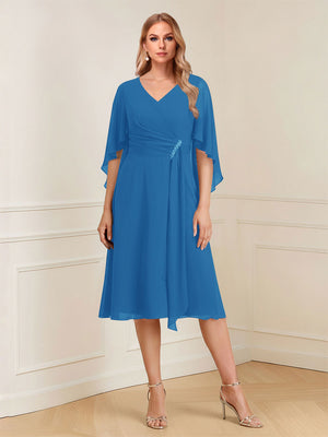 A-Line/Princess V-Neck Half Sleeves Knee-Length Mother of the Bride Dresses with Ruffles & Ruched